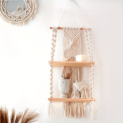 Boho Macrame Wall Shelf | 2-Tier Hanging Storage Rack | Wall Organiser Wood Natural Rope