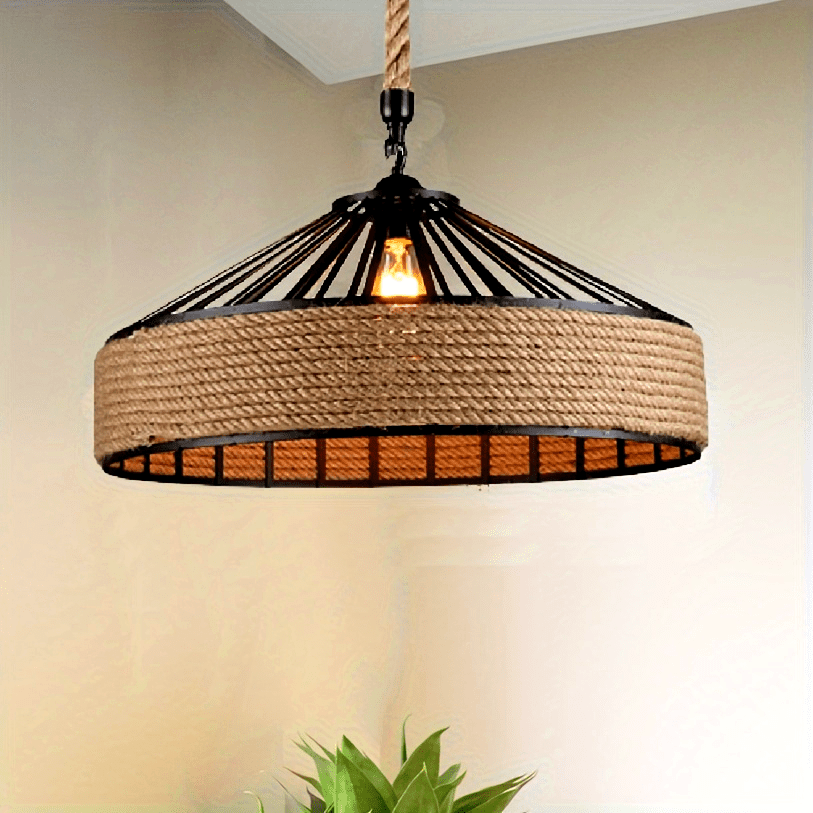 Rustic Hemp Rope Pendant Light | Vintage Farmhouse Ceiling Lamp | Metal Adjustable Handcrafted