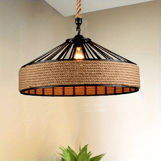 Rustic Hemp Rope Pendant Light | Vintage Farmhouse Ceiling Lamp | Metal Adjustable Handcrafted