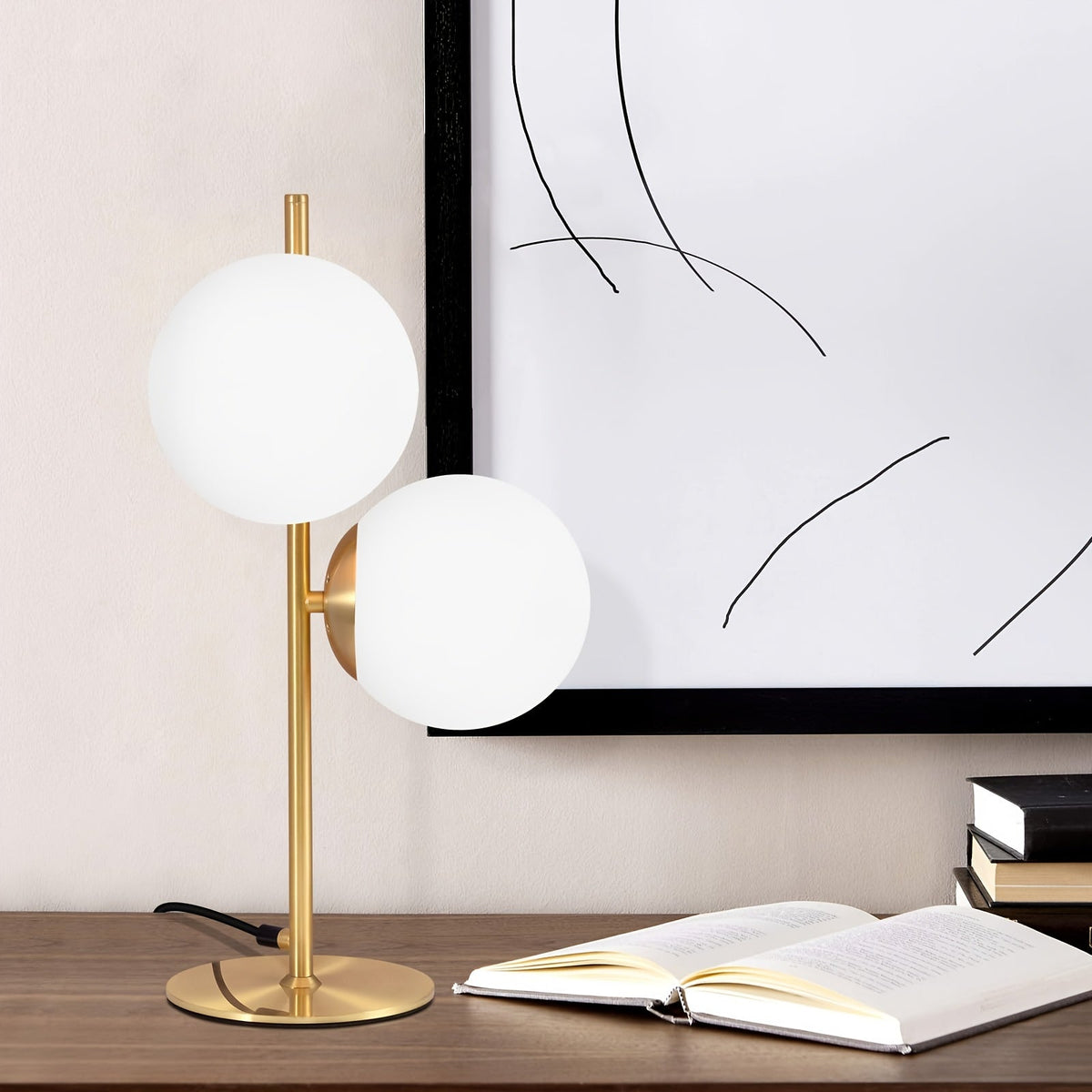 Modern Golden Table Lamp | White Glass Globe Design | Brass Industrial Vintage-inspired Bedside