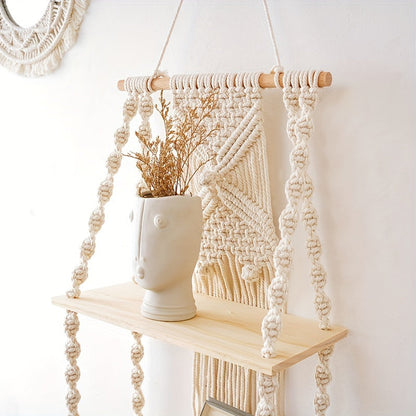 Boho Macrame Wall Shelf | 2-Tier Hanging Storage Rack | Wall Organiser Wood Natural Rope