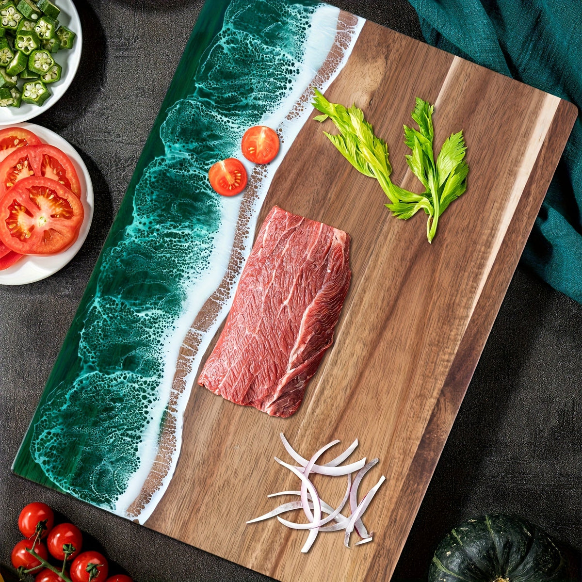 Wave Resin Cutting Board | Ocean-Inspired Acacia Wood Cheese & Serving Board | Water-Resistant