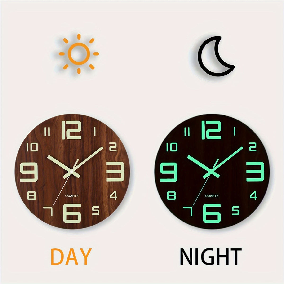 Walnut Luminous Wall Clock | Silent Glow-in-the-Dark Wooden Design | Wood Kitchen