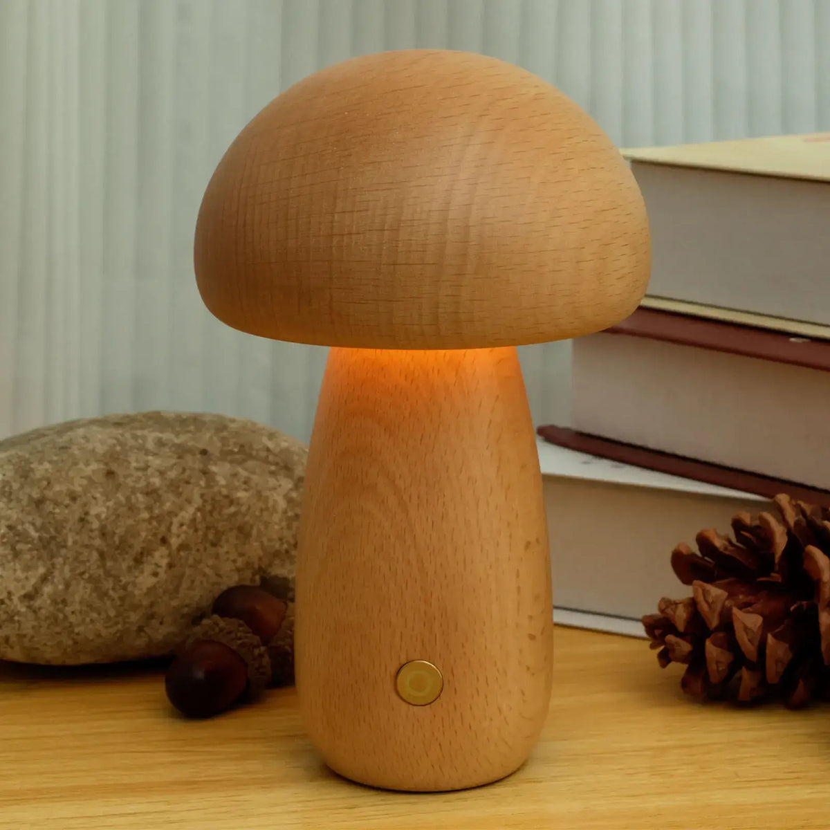 Portobello Mushroom Lamp | Natural Wood Rechargeable Night Light | Touch Control Adjustable