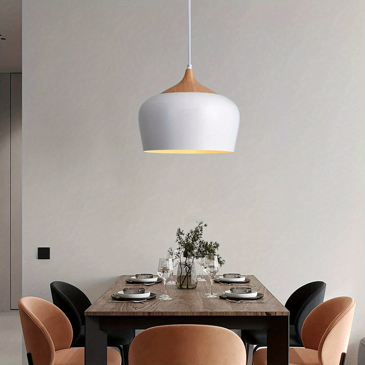 Modern Scandinavian Pendant Light | Iron & Wood Grain Design | Nordic Dining Room