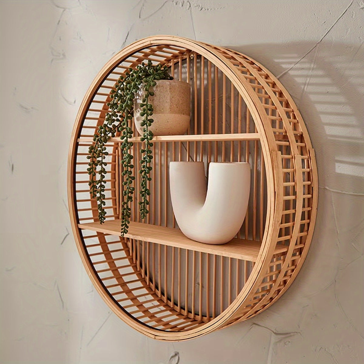 Round Bamboo Wall Shelf | Handmade Boho Floating Organizer | Wall Organiser Wood Handcrafted