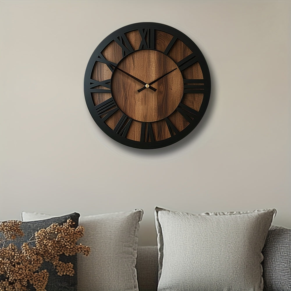 Vintage Wooden Wall Clock | Roman Numeral Design | Wood Metal Silent Vintage-inspired Kitchen