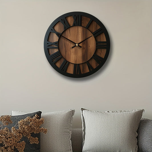 Vintage Wooden Wall Clock | Roman Numeral Design | Wood Metal Silent Vintage-inspired Kitchen