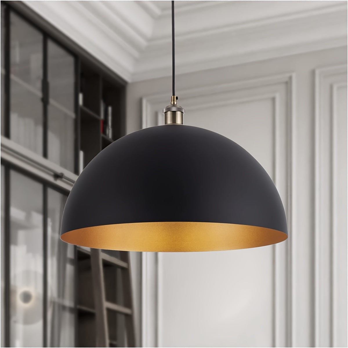 Vintage Industrial Dome Pendant Light | Black & Gold Iron Shade | Adjustable Vintage-inspired