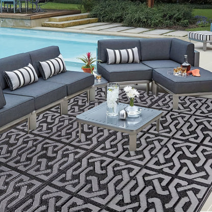 Reversible Outdoor Rug | Black & Grey Modern Patio Mat | Water-Resistant Adjustable Entryway