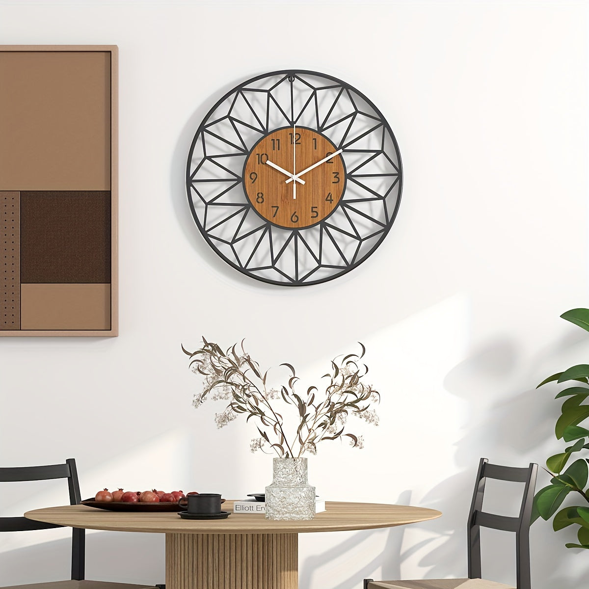 Modern Metal Wall Clock | Wood Grain Centre Design | Silent Industrial Kitchen