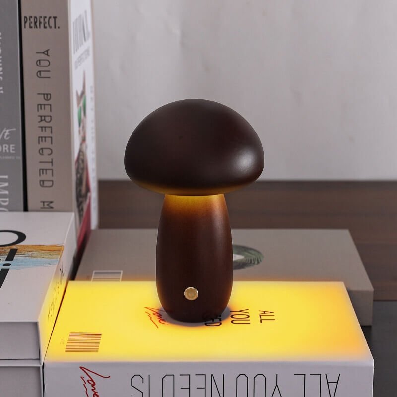 Portobello Mushroom Lamp | Natural Wood Rechargeable Night Light | Touch Control Adjustable