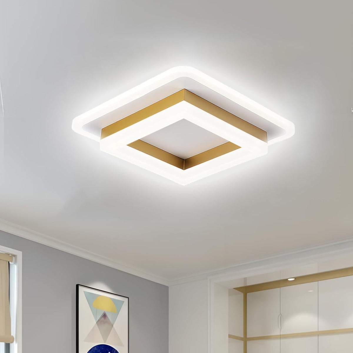 Square LED Ceiling Light | Modern Flush Mount Fixture | Wood Bedroom