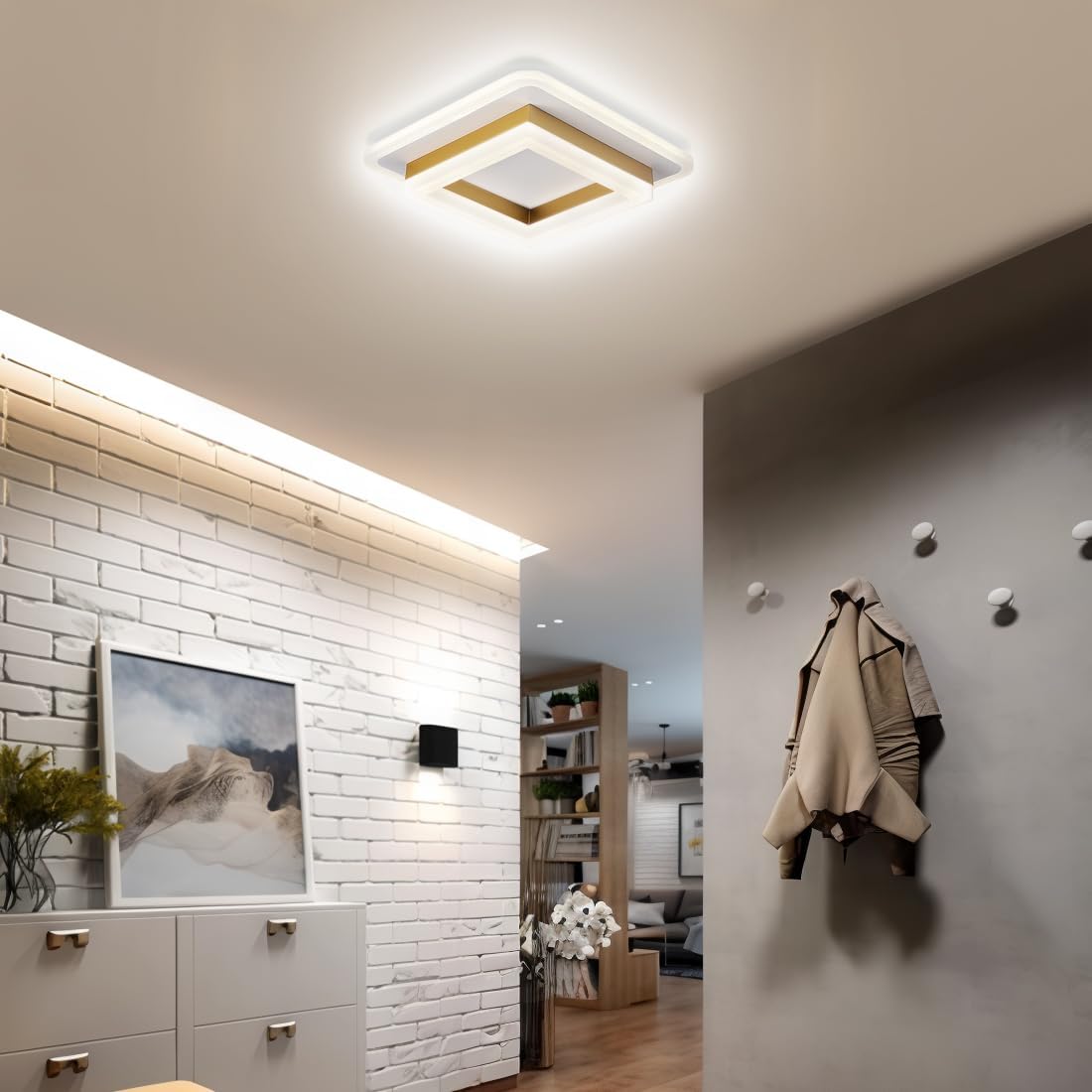 Square LED Ceiling Light | Modern Flush Mount Fixture | Wood Bedroom