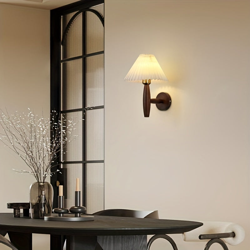 Nordic Wooden Wall Sconce | Retro Bedside Wall Lamp with Pleated Shade | Wall Light Wood
