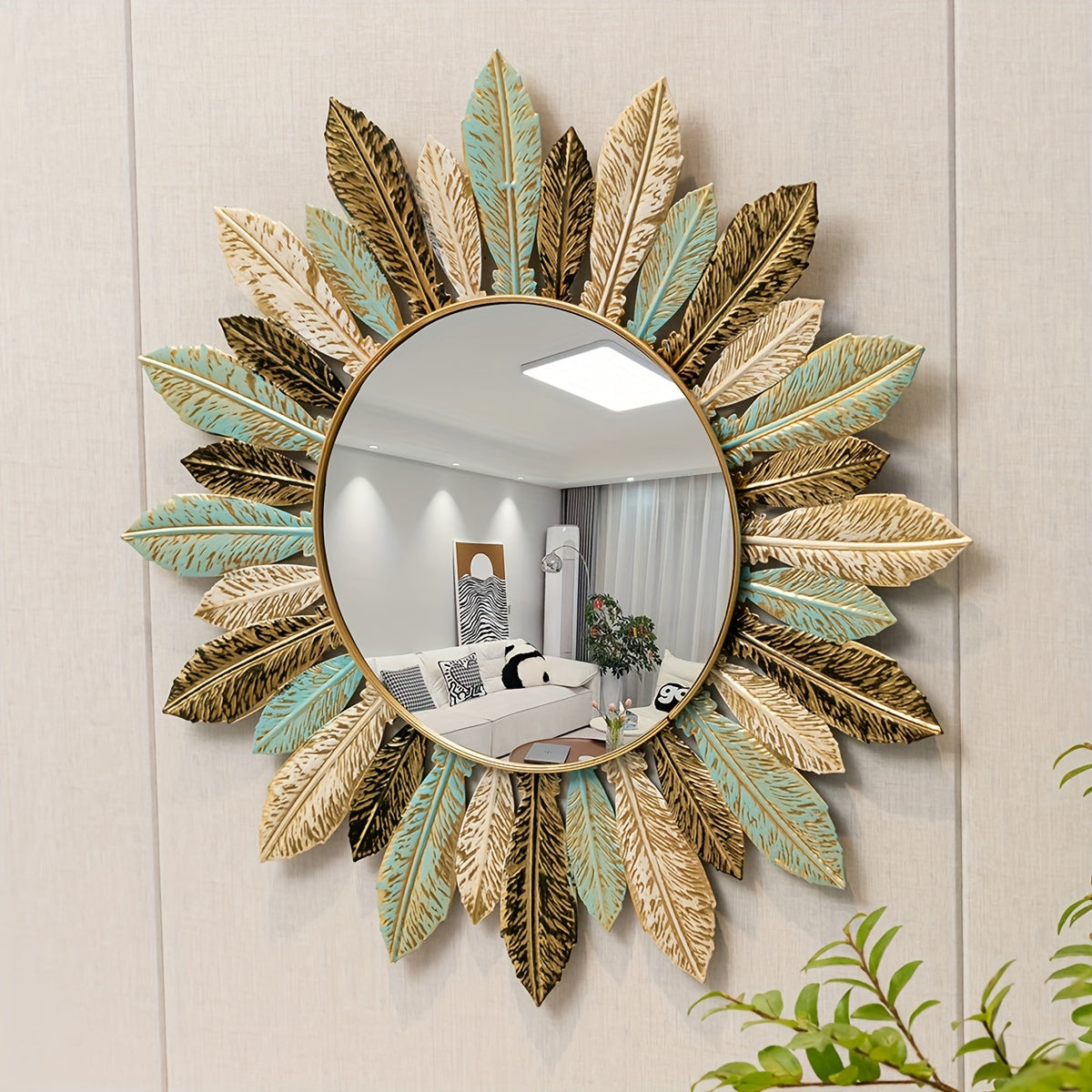 Bohemian Sunburst Metal Wall Mirror | Teal & Gold Leaf Design | Handcrafted