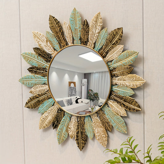 Bohemian Sunburst Metal Wall Mirror | Teal & Gold Leaf Design | Handcrafted