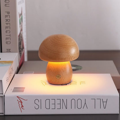 Portobello Mushroom Lamp | Natural Wood Rechargeable Night Light | Touch Control Adjustable