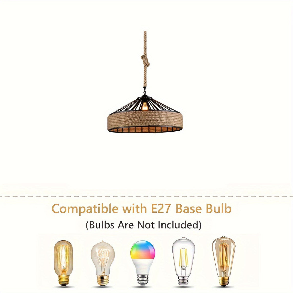 Rustic Hemp Rope Pendant Light | Vintage Farmhouse Ceiling Lamp | Metal Adjustable Handcrafted