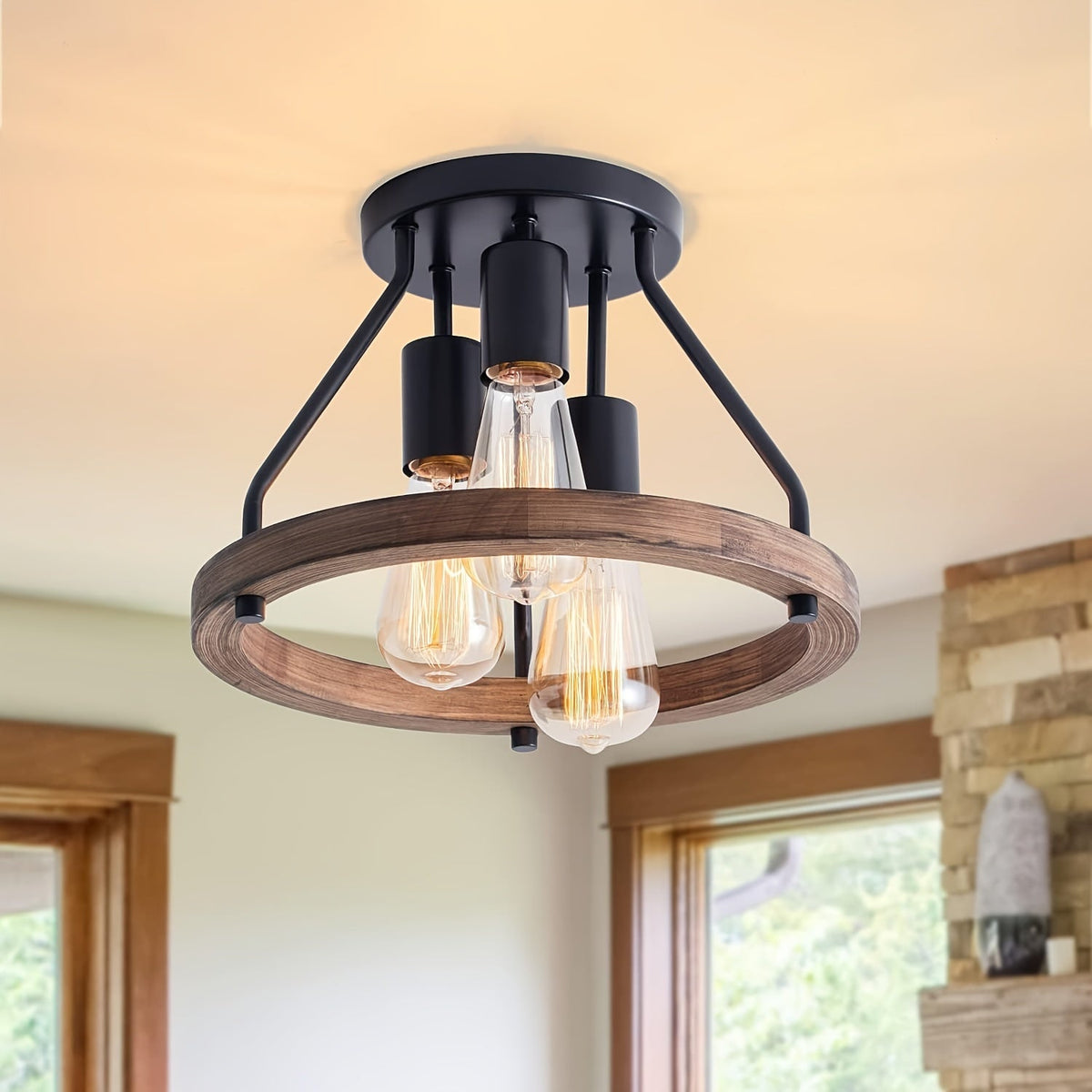 Industrial Wood Ring Ceiling Light | 3-Light Semi Flush Mount Fixture | Metal Vintage-inspired