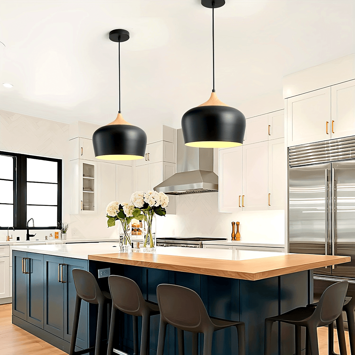 Modern Scandinavian Pendant Light | Iron & Wood Grain Design | Nordic Dining Room