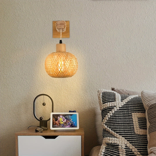 Rustic Wooden Wall Sconce | Handwoven Rattan & Wood Light Fixture | Handcrafted Nordic Bohemian