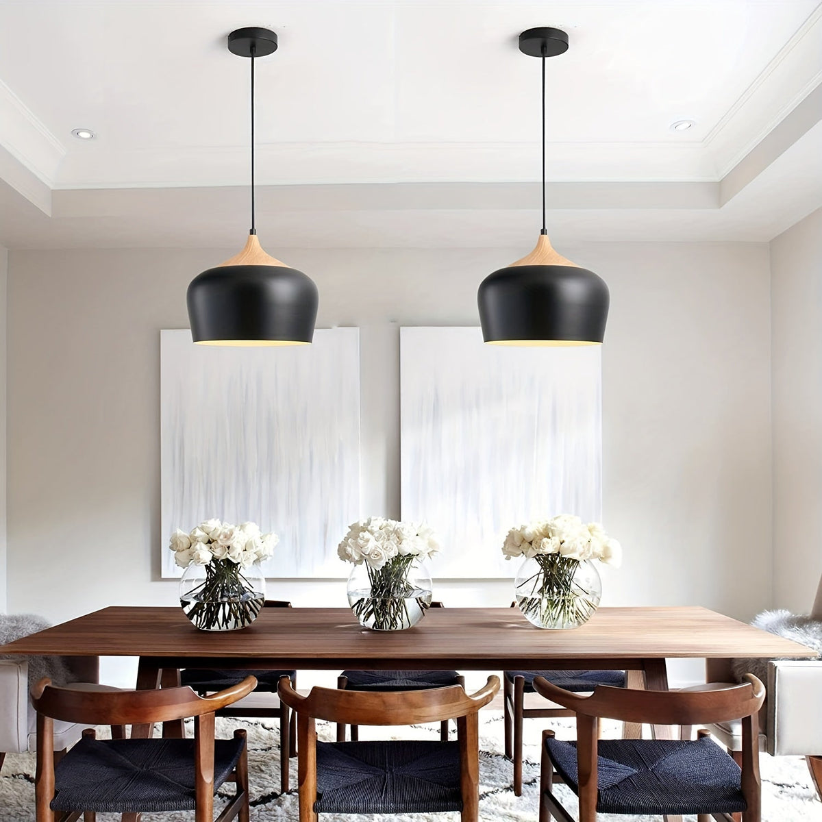 Modern Scandinavian Pendant Light | Iron & Wood Grain Design | Nordic Dining Room