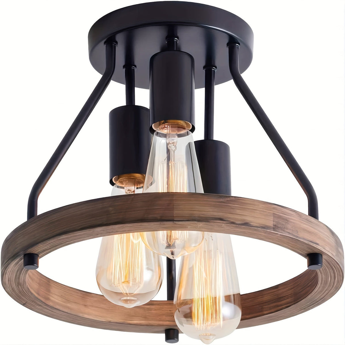 Industrial Wood Ring Ceiling Light | 3-Light Semi Flush Mount Fixture | Metal Vintage-inspired