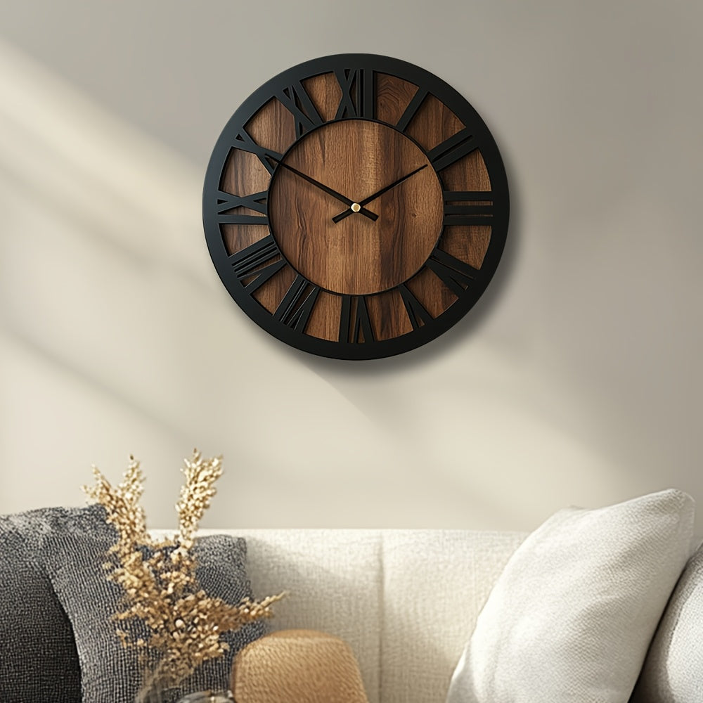 Vintage Wooden Wall Clock | Roman Numeral Design | Wood Metal Silent Vintage-inspired Kitchen