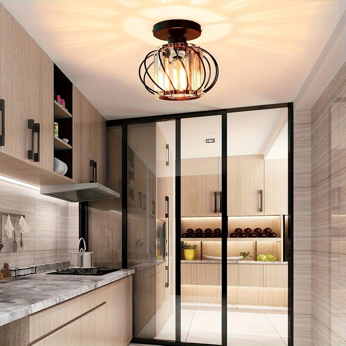 Modern Industrial Cage Ceiling Light | Elegant Semi Flush Mount Fixture | Glass Metal Bedroom