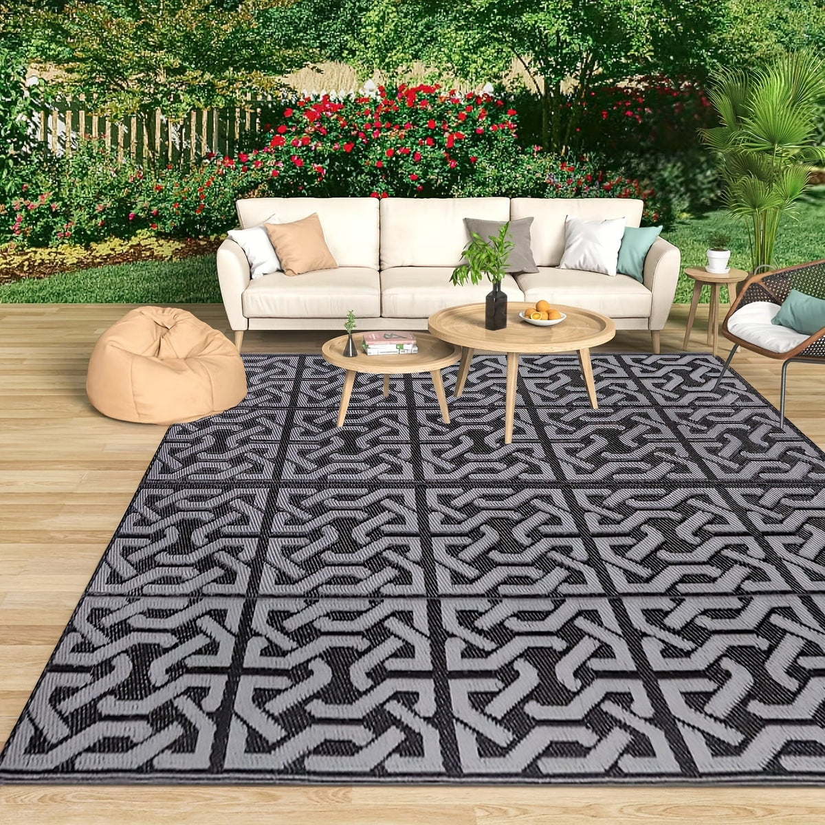 Reversible Outdoor Rug | Black & Grey Modern Patio Mat | Water-Resistant Adjustable Entryway