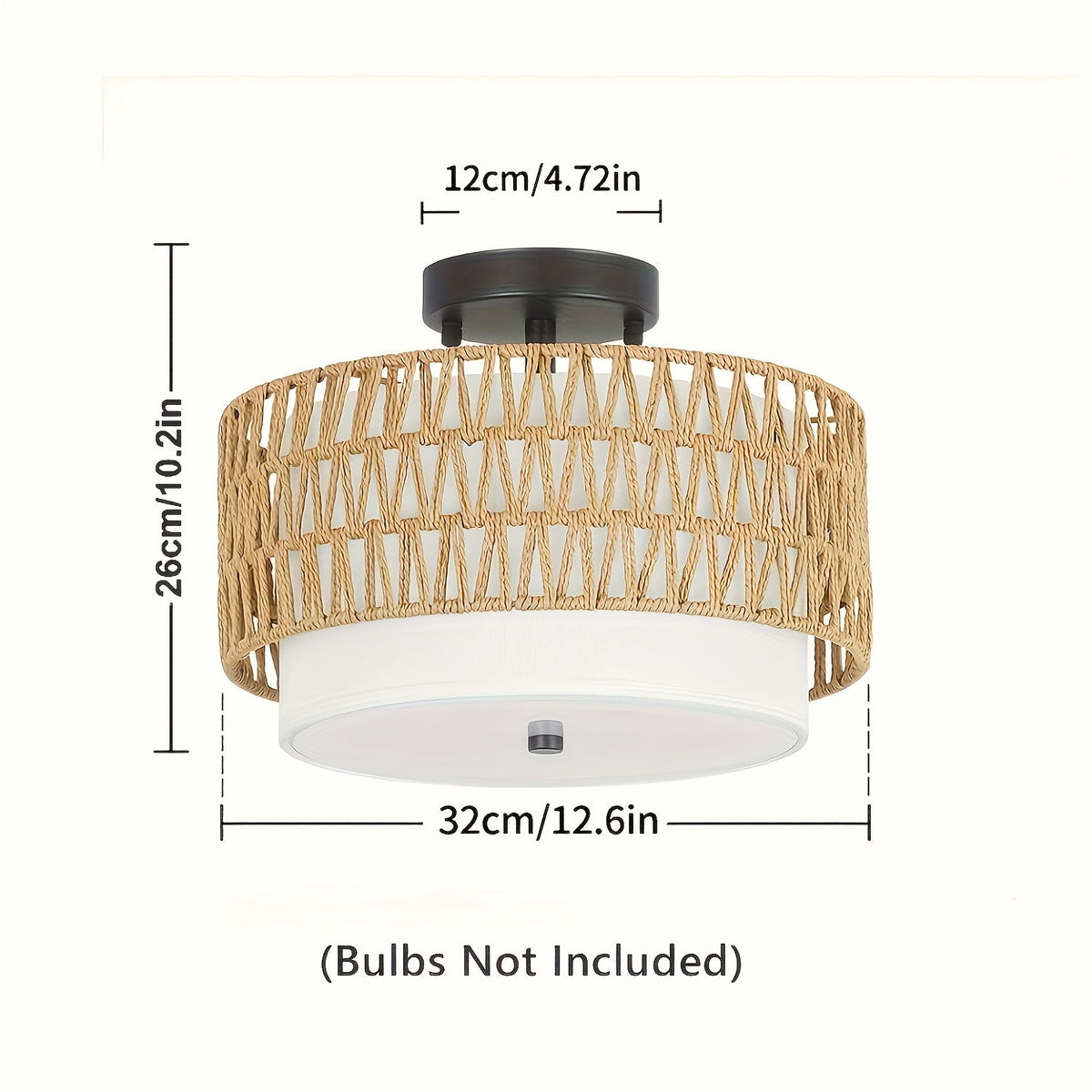 Boho Rattan Ceiling Light | Semi-Flush Mount with Linen Shade | Handcrafted Bohemian Bedroom