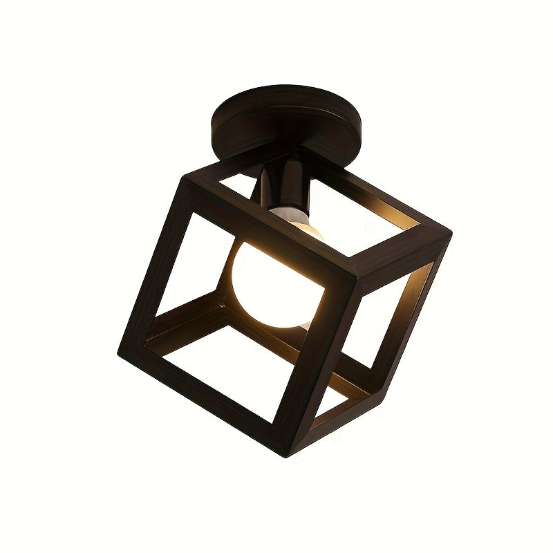 Geometric Cube Ceiling Light | Modern Industrial Semi Flush Mount Fixture | Metal Bedroom