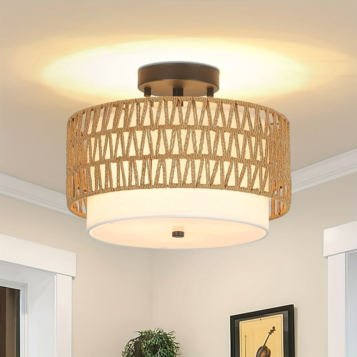 Boho Rattan Ceiling Light | Semi-Flush Mount with Linen Shade | Handcrafted Bohemian Bedroom