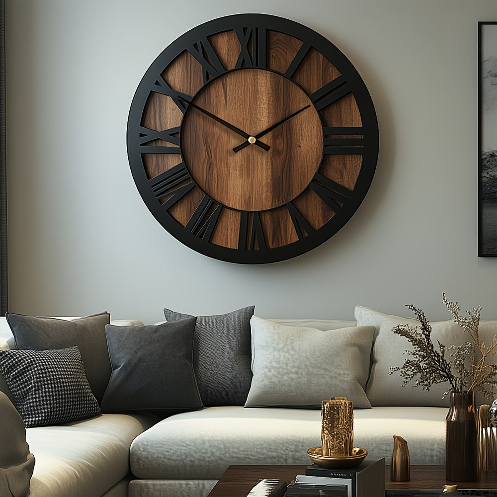 Vintage Wooden Wall Clock | Roman Numeral Design | Wood Metal Silent Vintage-inspired Kitchen