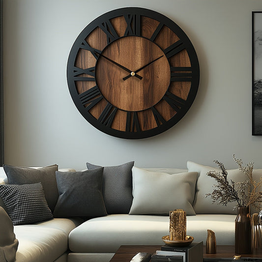 Vintage Wooden Wall Clock | Roman Numeral Design | Wood Metal Silent Vintage-inspired Kitchen