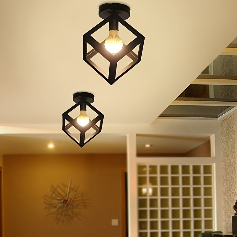 Geometric Cube Ceiling Light | Modern Industrial Semi Flush Mount Fixture | Metal Bedroom