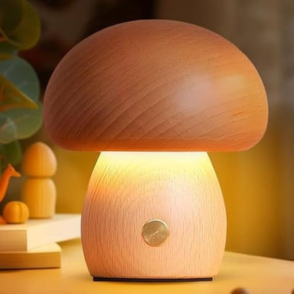 Portobello Mushroom Lamp | Natural Wood Rechargeable Night Light | Touch Control Adjustable