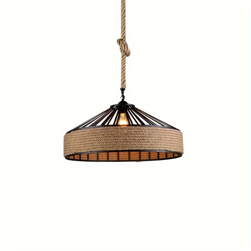 Rustic Hemp Rope Pendant Light | Vintage Farmhouse Ceiling Lamp | Metal Adjustable Handcrafted