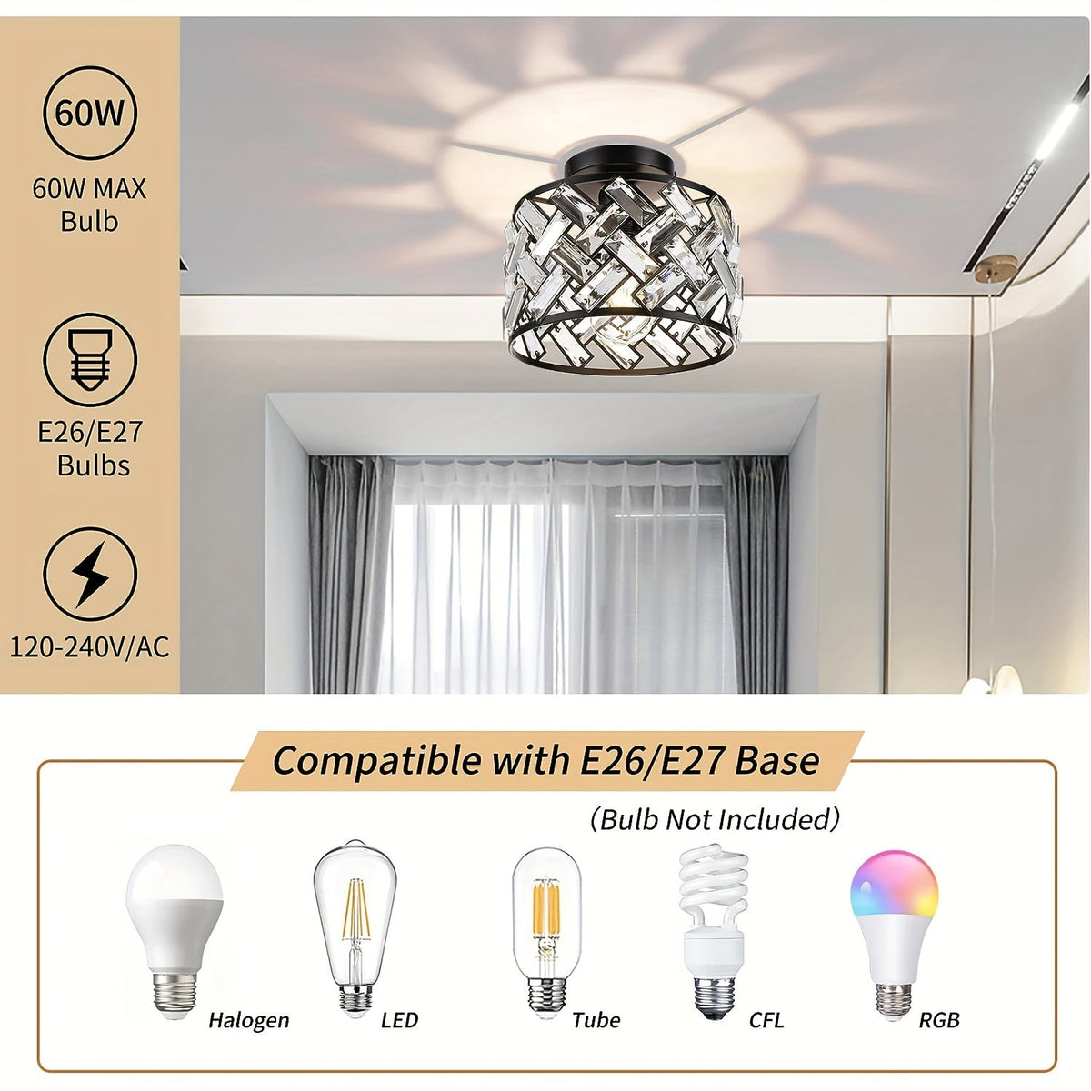 Modern Crystal Semi Flush Mount Ceiling Light | Elegant Decorative Fixture | Bedroom