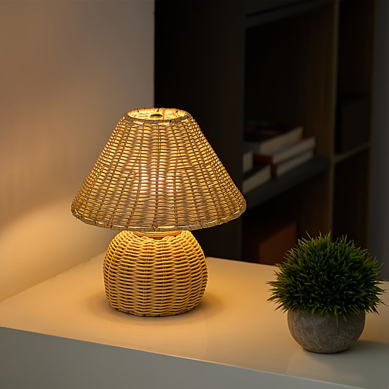 Bamboo Woven Desk Lamp | USB-Powered Boho Accent Light | Rechargeable Handcrafted Bohemian