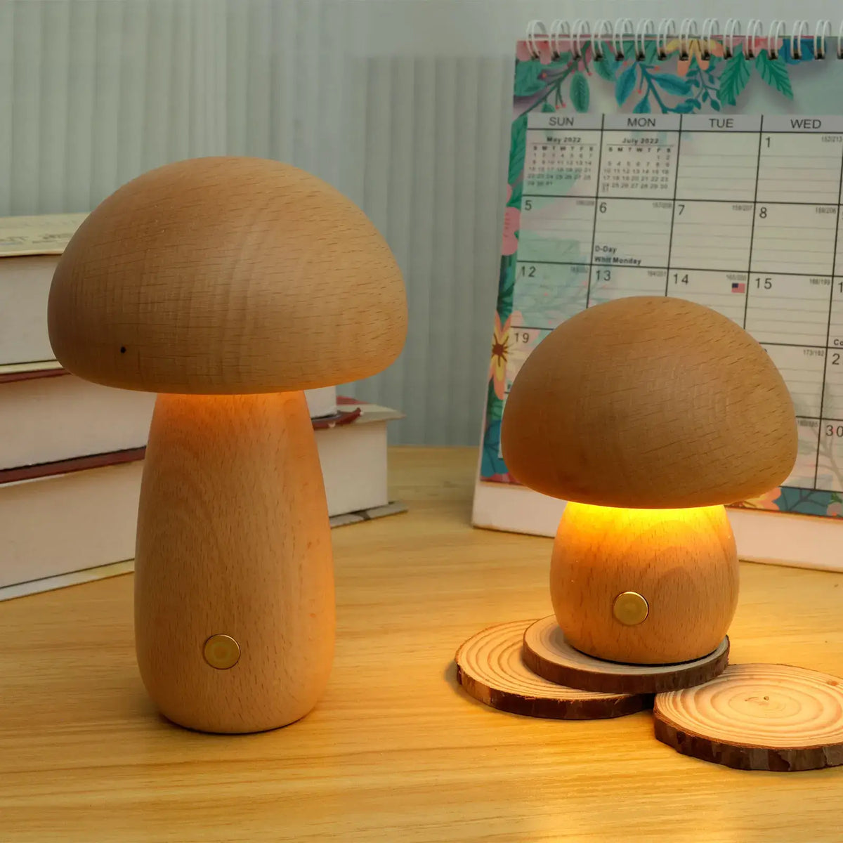 Portobello Mushroom Lamp | Natural Wood Rechargeable Night Light | Touch Control Adjustable