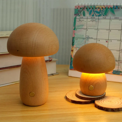 Portobello Mushroom Lamp | Natural Wood Rechargeable Night Light | Touch Control Adjustable