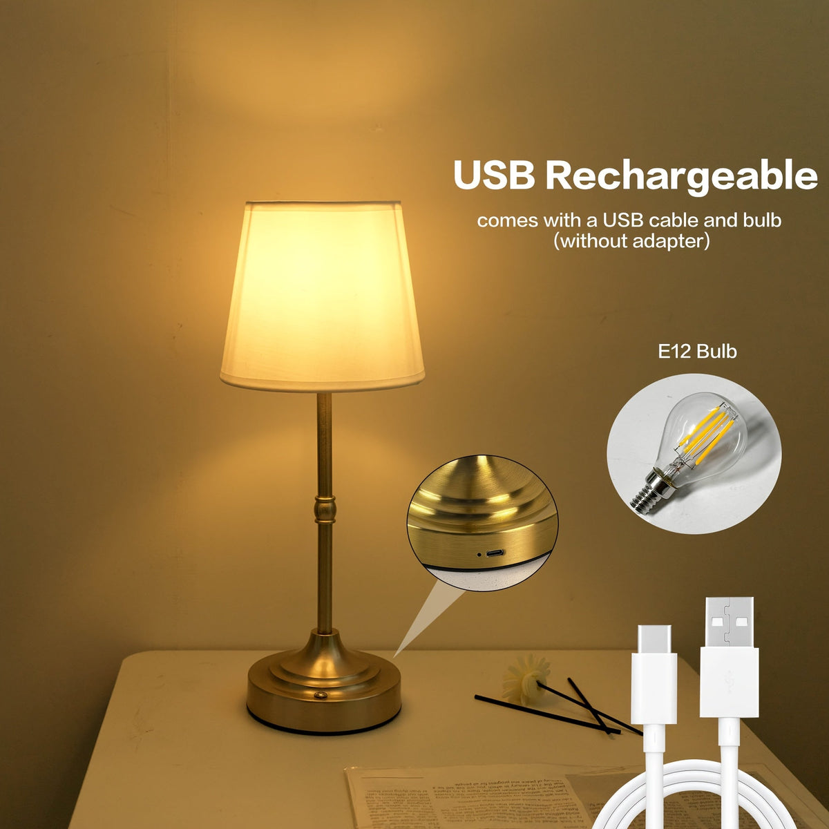 Dimmable Cordless Table Lamp | USB Rechargeable | Metal Soft-Touch Fabric Touch Control Bedside