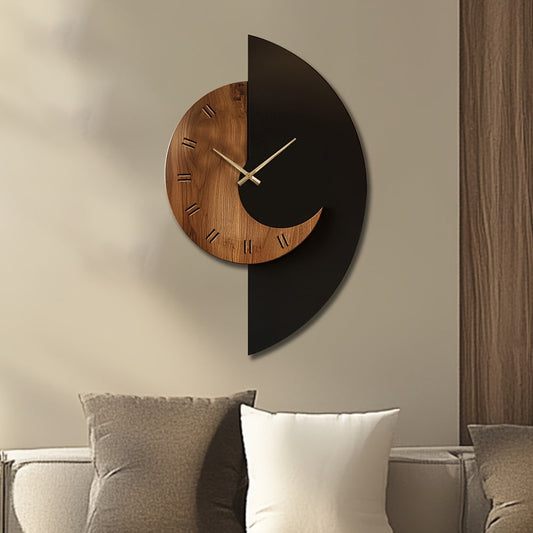 Modern Half-Moon Wooden Wall Clock | Silent Battery Operated | Wood Nordic Farmhouse Kitchen