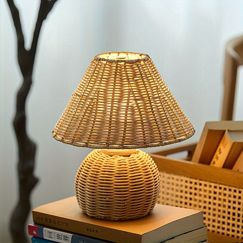 Bamboo Woven Desk Lamp | USB-Powered Boho Accent Light | Rechargeable Handcrafted Bohemian
