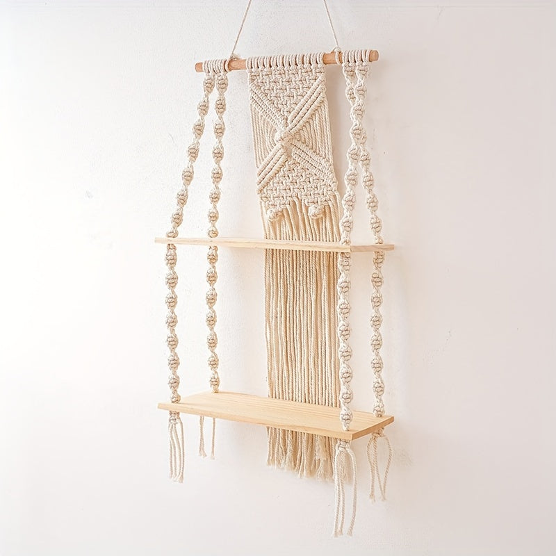 Boho Macrame Wall Shelf | 2-Tier Hanging Storage Rack | Wall Organiser Wood Natural Rope