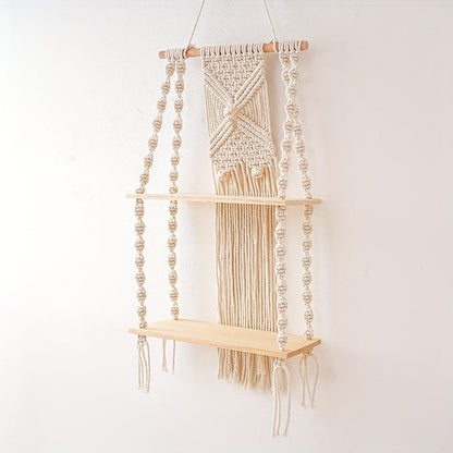 Boho Macrame Wall Shelf | 2-Tier Hanging Storage Rack | Wall Organiser Wood Natural Rope
