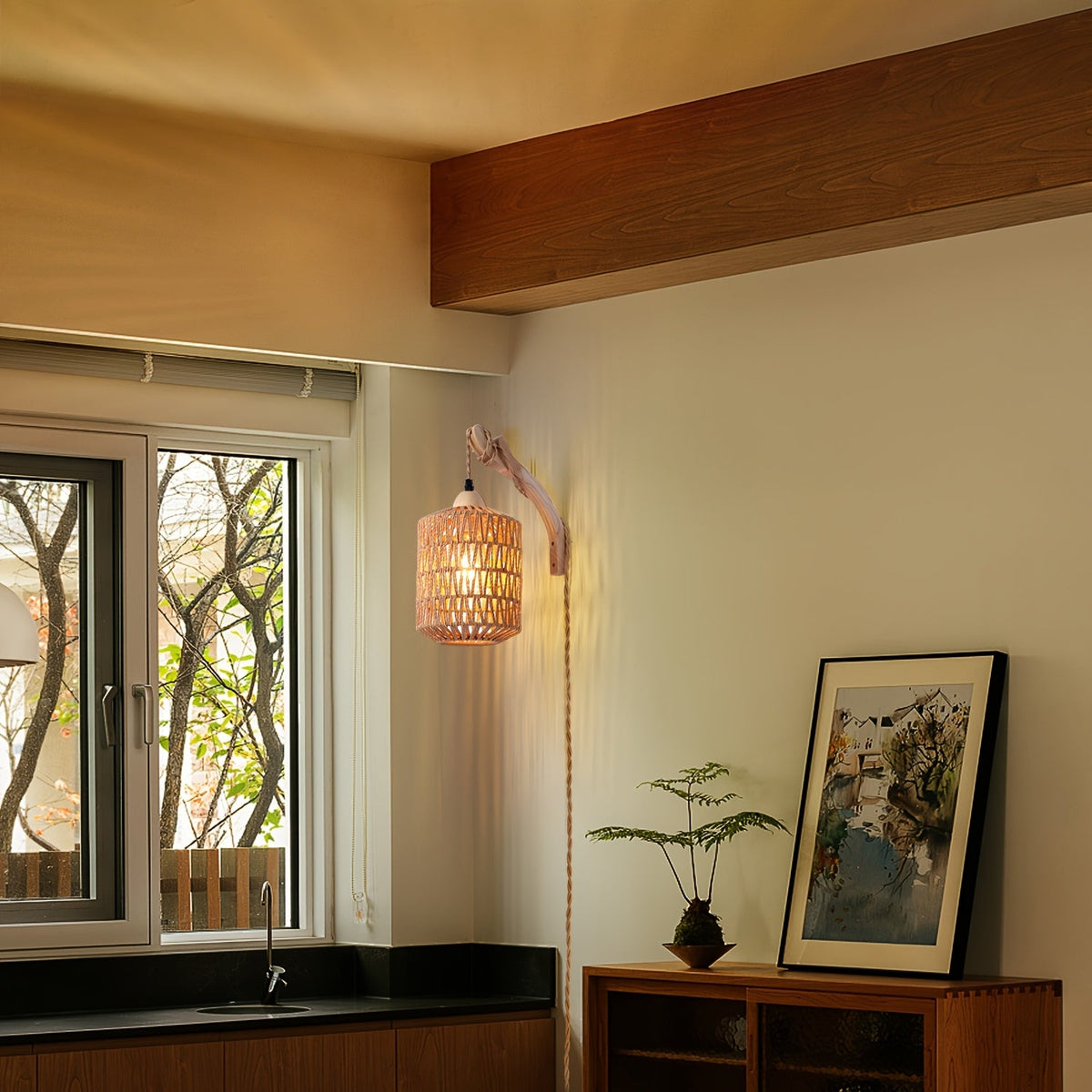 Boho Wood & Rattan Wall Lamp | Hand-Woven Plug-In Light | Adjustable Handcrafted Bohemian