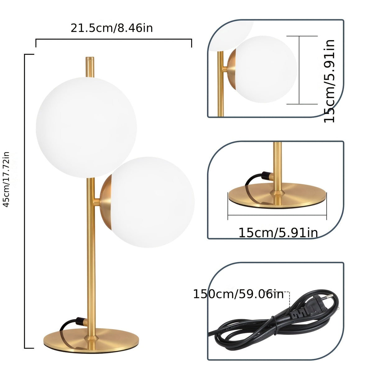 Modern Golden Table Lamp | White Glass Globe Design | Brass Industrial Vintage-inspired Bedside